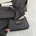 Borsa a spalla chic con motivo monogramma grigio e fibbia a fiocco dorata elegante - Nero