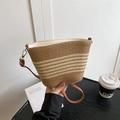 Striped woven straw tote bag with brown leather shoulder strap in khaki and beige - Khaki and Beige