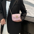 Pink mini crossbody bag with quilted leather, gold heart clasp and chain strap for women - Pink