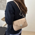 Chic beige faux leather shoulder bag with wave flap and retro round metal buckle - Khaki