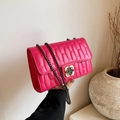 Stylish rose red crossbody square bag with vertical quilting and a gold flower metal clasp - Rose Pink