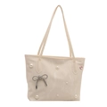 Bolso tote crema con perlas, colgante de lazo y decoración de gema de corazón rosa - Blanco
