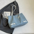 Light blue faux leather tote bag with white bows and silver heart metal accents - Blue