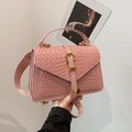 Pink woven texture shoulder bag with golden lock and patterned wide fabric strap - Pink