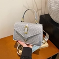 Borsa a mano grigio chiaro a trama intrecciata con fibbia dorata e tracolla a fantasia - Argento