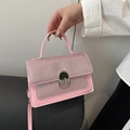 Pink glitter patchwork shoulder bag with silver metal buckle and top handle for women - Pink