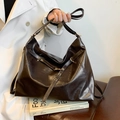 Dark brown high-gloss leather tote bag with gold metal buckle for professional women - Brown