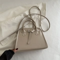 Retro beige square tote bag with decorative belt buckle and adjustable shoulder strap - Khaki