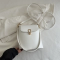 Minimalist white PU leather crossbody bucket bag with golden horseshoe buckle and strap - White