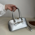 Silver metallic vintage bowling handbag with golden hardware and long top handles - Silver