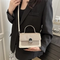 Champagne gold sequin mini square bag with metal twist lock and white leather strap - Beige