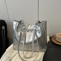 Silver metallic pleated tote bag with bow detail and chain strap for daily style - Silver