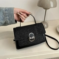 Minimalist black glitter crossbody flap bag with silver rotating lock and top handle - Black