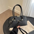 Vintage black leather bowling bag with gold hardware and adjustable strap - Black