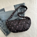 Detailed texture of black quilted down bag with pink floral and Beautiful letter print - Black