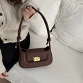 Dark brown minimalist leather baguette bag with gold buckle and knotted strap - Dark Brown