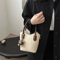 Retro beige bucket bag with brown handles and plush monster charm decoration - Beige With Pendant