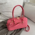 Pink vintage leather bowling bag with double top handles and gold hardware details - Pink