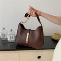 Fashionable dark brown half-moon underarm bag with gold chain and matte finish - Brown