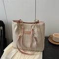 Sac fourre-tout en paille beige avec poignées en cuir rose et chaîne dorée pour l'été - Rose Sans Pendentif