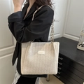 Large woven tote bag with chain strap and leather patch in creamy white for summer - White Without Pendant