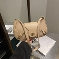 Beige vintage faux leather underarm shoulder bag with gold twist lock and metal rivets - Khaki