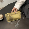 Metallic gold mini crossbody bag with textured PU leather and silver chain strap - Gold