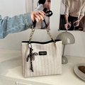 Beige woven tote bag with black leather handles and elegant printed silk ribbon detail - Black With Pendant