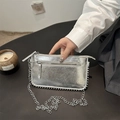 Silver metallic crossbody bag with chain strap and studded trim in Y2K style - Silver