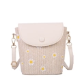 Summer straw crossbody bag featuring woven daisy patterns and adjustable leather strap - White