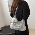 Gray marble pattern hobo shoulder bag with silver chain and white cloud plush charm - With Cloud Charm / Silver