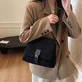 Retro black suede-like crossbody bag with gold buckle and adjustable shoulder strap - Black