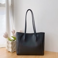 Minimalist black faux leather tote bag with vertical stitching for daily commuting style - No Pendant / Black