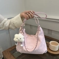 Light pink pleated crescent shoulder bag with cute cloud charm and silver chain strap - With Cloud Charm / Pink