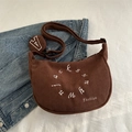 Brown corduroy crescent shoulder bag with letter embroidery and round coin purse - Brown