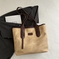 Borsa tote retrò in tela kaki con manici in pelle marrone ed etichetta classica - Senza Ciondolo / Cachi