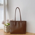 Elegant brown faux leather tote bag with long shoulder straps for daily commuting - No Pendant / Brown