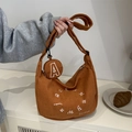 Brown corduroy crossbody tote bag with letter embroidery and a matching small round pouch - Brown