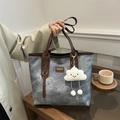 Borsa tote vintage in tela grigia con manici in pelle marrone e ciondolo a nuvola - Con Ciondolo a Nuvola / Blu