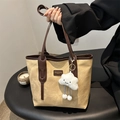 Grande borsa tote retrò beige con finiture in pelle marrone e ciondolo a nuvola - Con Ciondolo a Nuvola / Cachi