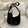 Black corduroy crossbody bag with letter embroidery and small round charm accessory - Black
