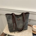 Large dark gray canvas tote bag with brown trim and leather logo for daily commute - No Pendant / Black