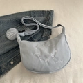 Light blue corduroy half-moon crossbody bag with letter embroidery and round coin pouch - Blue