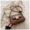 Minimalist dark brown matte leather shoulder bag with elegant gold square metal buckle - Brown