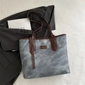 Grey marble texture large tote bag with brown leather handles for business casual style - No Pendant / Blue