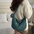 Dark green corduroy crescent tote bag with letter embroidery and a matching coin purse - Dark Green