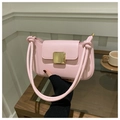 Minimalist light pink faux leather shoulder bag with decorative square gold metal buckle - Pink