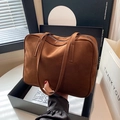 Caramel brown suede tote bag featuring a sleek rectangular design and top handles - Brown