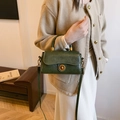 Retro dark green leather handbag with gold round lock and crossbody shoulder strap - Green Without Pendant