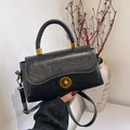 Retro black faux leather handbag with golden round twist lock and slender shoulder strap - Black without Pendant